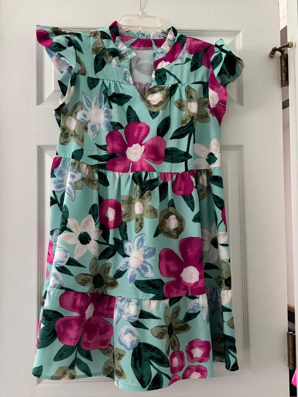 SHEIN Aqua Floral Ruffle-Sleeve Tiered Dress with Pink Blooms